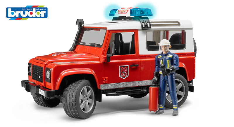 BRUDER - Užitkové vozy - hasičské auto Land Rover s hasičem