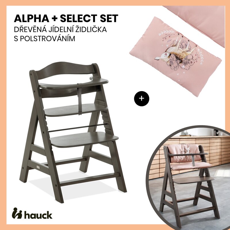 HAUCK - Alpha+ Select set 2v1 dřevěná židle, charcoal + polstrování Sweety
