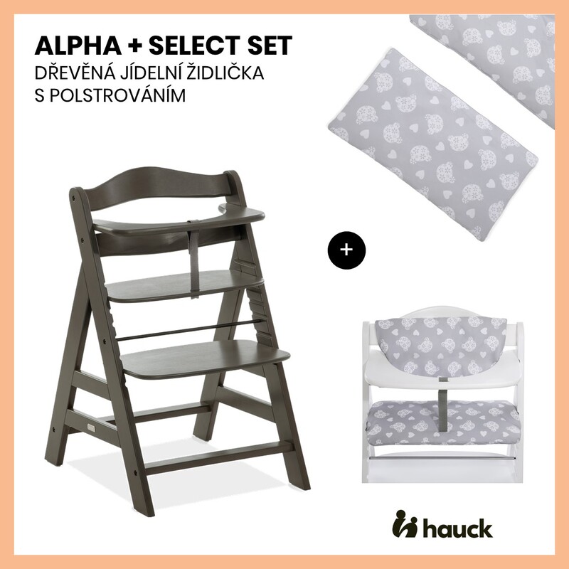 HAUCK - Alpha+ Select set 2v1 dřevěná židle, charcoal + polstrování Teddy grey