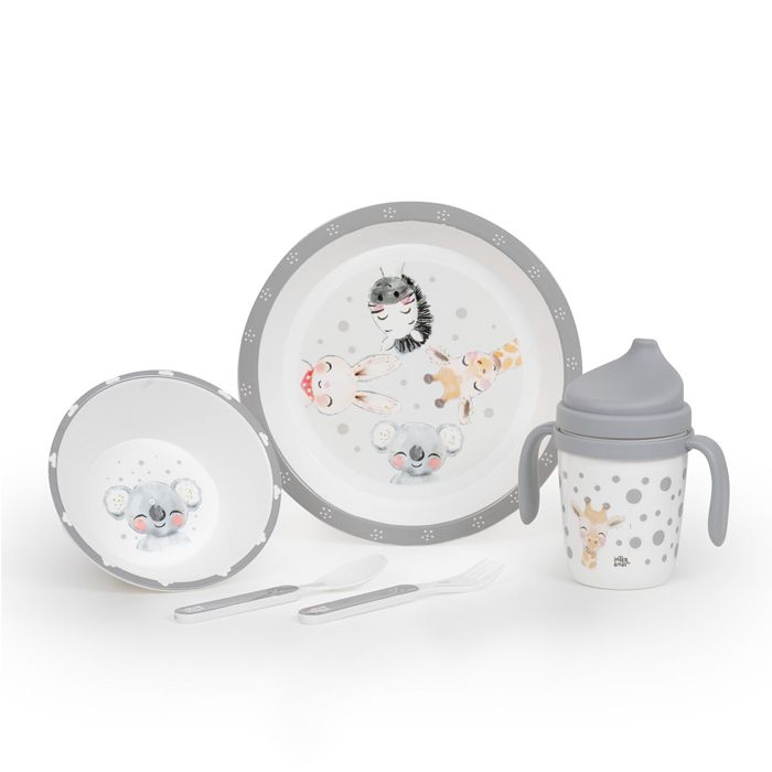 INTERBABY - Jídelní set ZVÍŘÁTKA +6M - šedý