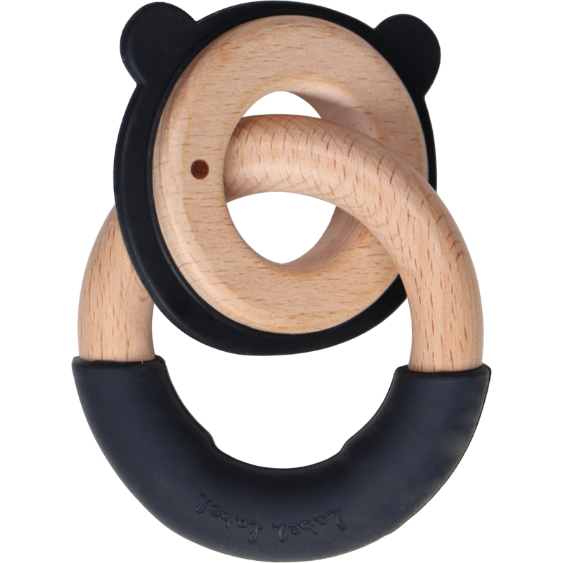 LABEL-LABEL - Kousátko Medvídek s kroužkem dřevo & silikon, černé