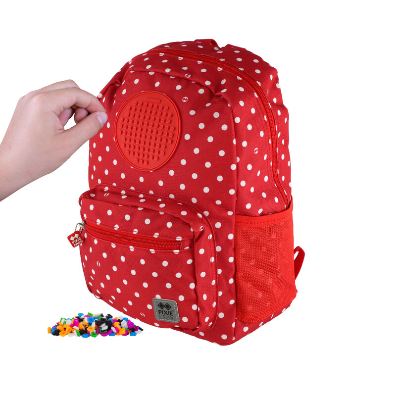 PIXIE CREW - dětský batůžek, červená látka s bílými puntíky, malý panel
