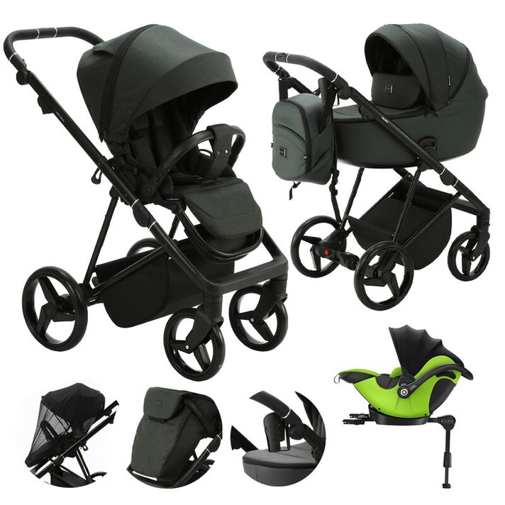 ADAMEX - Kočárek kombinovaný Blanc Standard Dark green + KIDDY Evoluna i-size 2 + základna