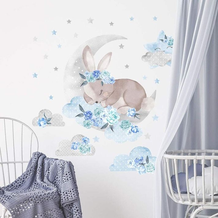 BAYO - Samolepka na zeď Spící králík modrá
