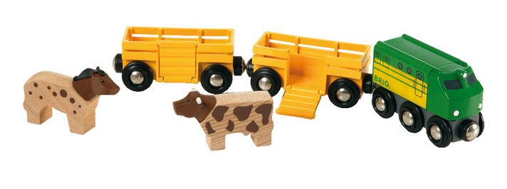 BRIO - Zemědělský vlak pro přepravu zvířat se 2 vagónky, krávou, koněm