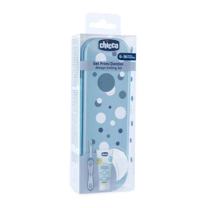 CHICCO - Set zubní kartáček a pasta v pouzdře Always smiling - light blue, 6m+