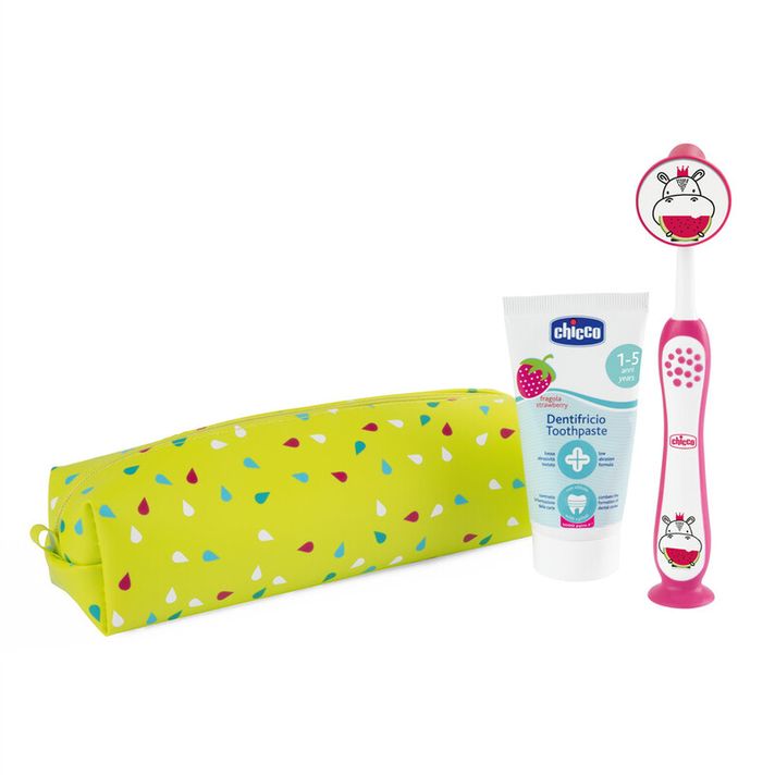 CHICCO - Set zubní kartáček a pasta v pouzdře - Hippo, 3r+