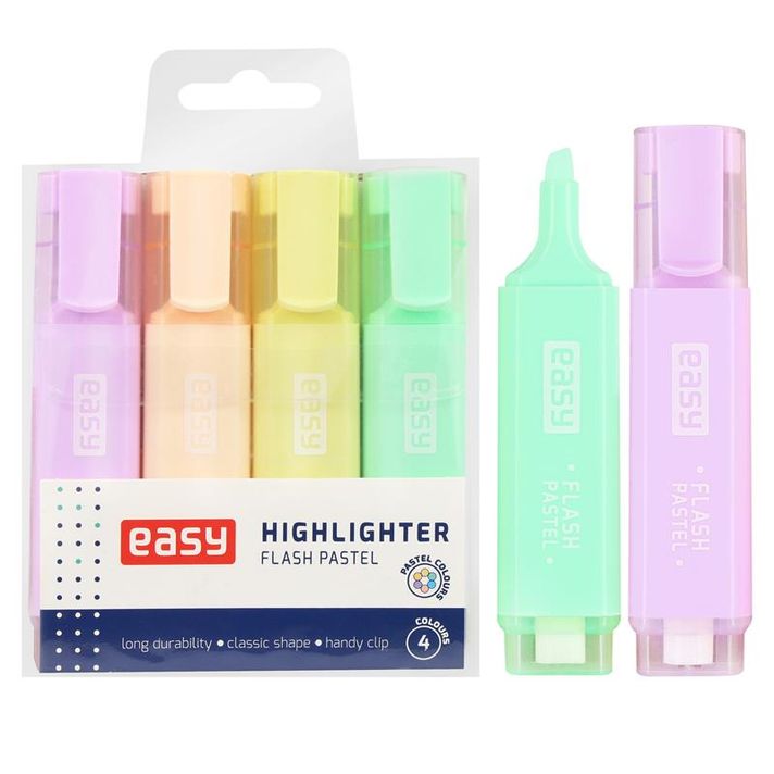 EASY -  FLASH PASTEL Sada klasických barevných zvýrazňovačů, 4 pastelové barvy v balení