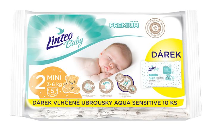 LINTEO - Baby premium Mini jednorázové pleny (3-6kg) 5ks + dárkové vlhčené ubrousky AQUA SENSITIVE 10ks
