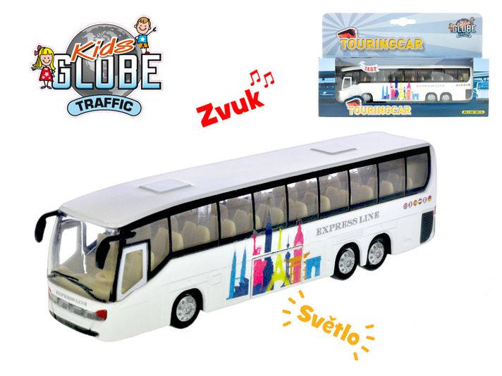 MIKRO TRADING - Kids Globe Traffic autobus 19cm kov na zpětný chod na baterie se světlem a zvukem v krabič