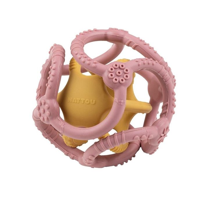 NATTOU - Kousátko silikonový míč 2v1 bez BPA 10 cm žluto-růžový