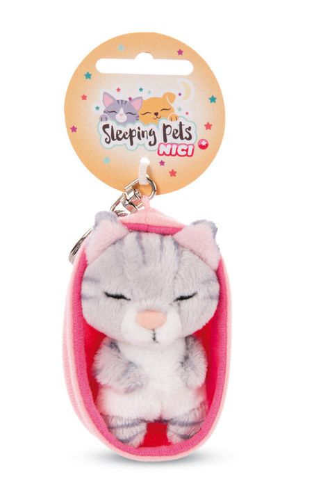 NICI - klíčenka Spící kočička 8cm šedá pruhovaná, košík světle růžový