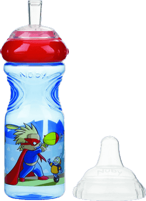 NUBY - Netekoucí láhev se silikonovým pítkem 300 ml, 9 m+, modrá s červeným víčkem – superhrdina