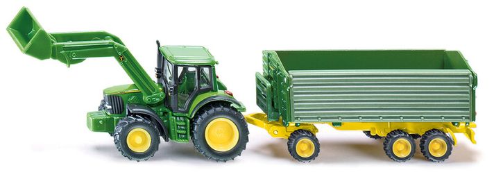 SIKU - Farmer - John Deere s čelním nakladačem a přívěsem, měřítko 1:87