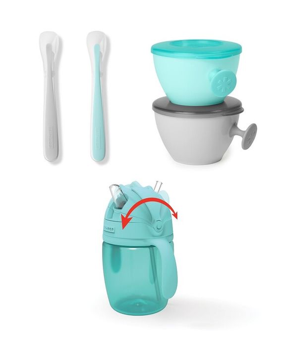 SKIP HOP - Set jídelní s hrníčkem 5 ks Easy-Feed Mealtime Set Teal/Grey 6m+