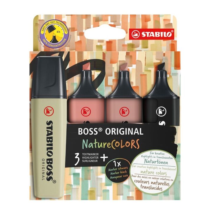 STABILO - Zvýrazňovač BOSS ORIGINAL NatureCOLORS (bahenní zelená, sína, umbra, černá) sada