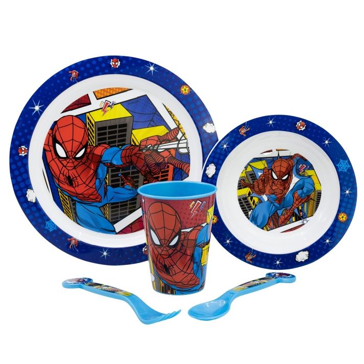 STOR - Dětské plastové nádobí Spiderman (talíř, miska, sklenice, příbor), 74750