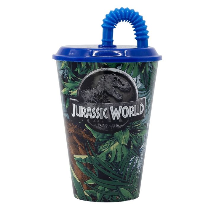 STOR - Plastový pohár s víkem a brčkem JURASSIC WORLD Dinosaur, 430ml, 14630