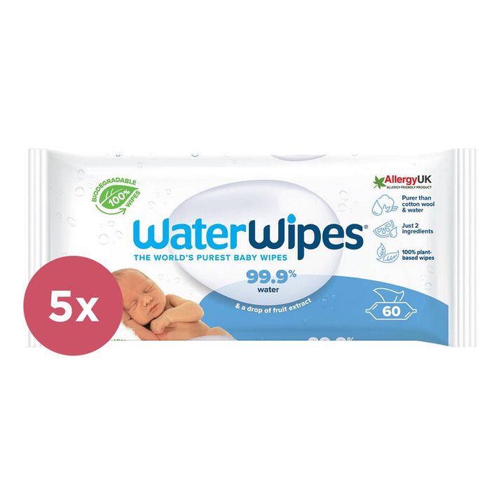 WATERWIPES - 5x Vlhčené obrousky bez obsahu plastů 60 ks ( 300 ks )