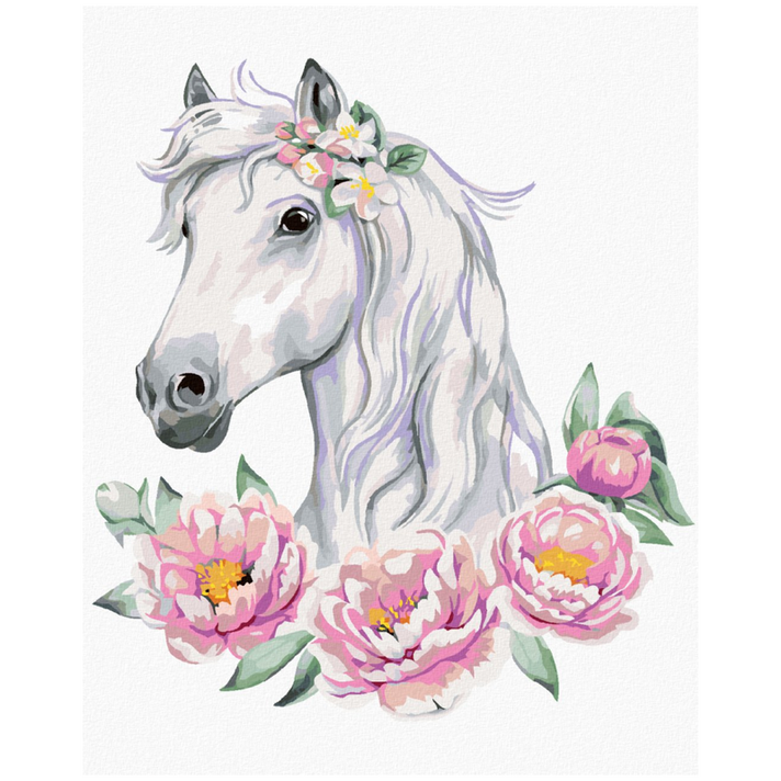 ZUTY - Diamantové malování (s rámem) - Bílý kůň s pivoňkami