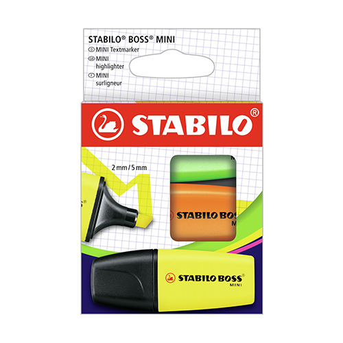 STABILO - Zvýrazňovač - BOSS MINI - 3 ks balení - žlutá, oranžová, zelená